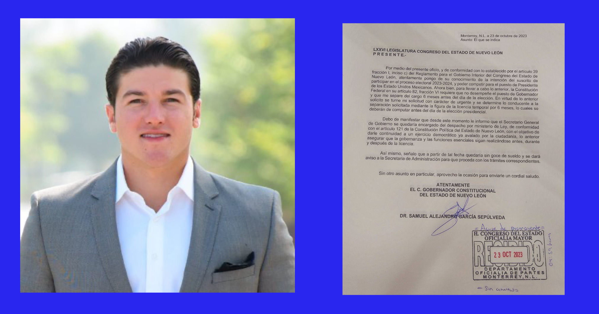 Samuel García pide licencia de seis meses para buscar candidatura presidencial